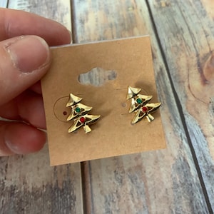 Vintage pierced gold tone rhinestone Christmas tree earrings