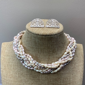 Vintage faux pearl multicolored twisted beaded necklace and clip on earrings