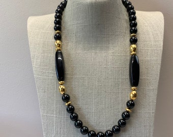 Set Collier Et Boucles D'oreilles - Perles Noires Et Dorées - Bijou Fantaisie