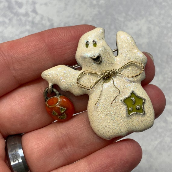 Signed TC glitter halloween ghost brooch in silve… - image 3