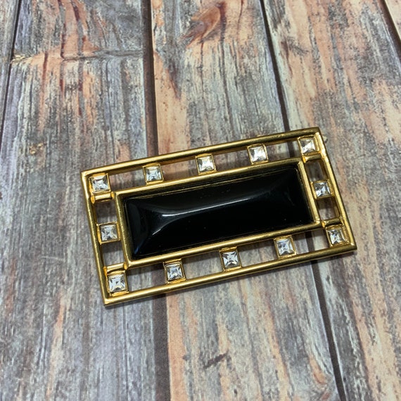 Monet black rhinestone rectangle brooch in gold t… - image 6