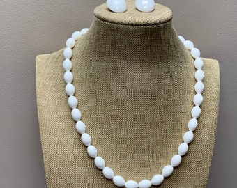 Made in Germany white plastic beaded necklace and clip on earrings set