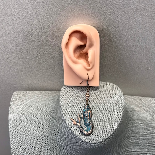 Handmade aqua patina mermaid earrings with pierced ear wires