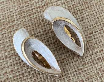 Modernist Two Tone Teardrop Clip On Earrings Gold Silver Brushed 80s