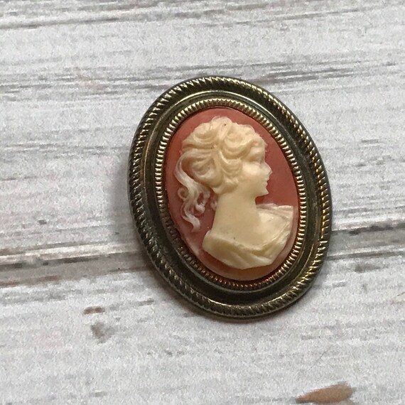 Small Coral and Cream Resin Plastic Cameo Brooch Made in Hong Kong