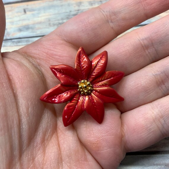 Vintage red and gold poinsettia tack pin brooch - image 3