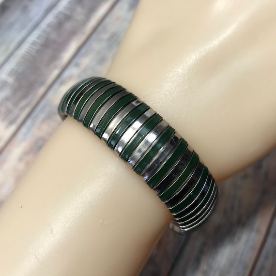 Vintage Silver tone and olive green enamel expans… - image 7