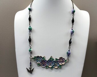 Handmade lotus flower dog wood flowers in purple and green bib statement necklace with beaded chain and sparrow dangle