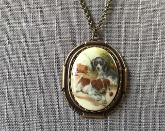 Mischievous puppies at play acrylic cameo cabochon necklace on antique brass rolo chain