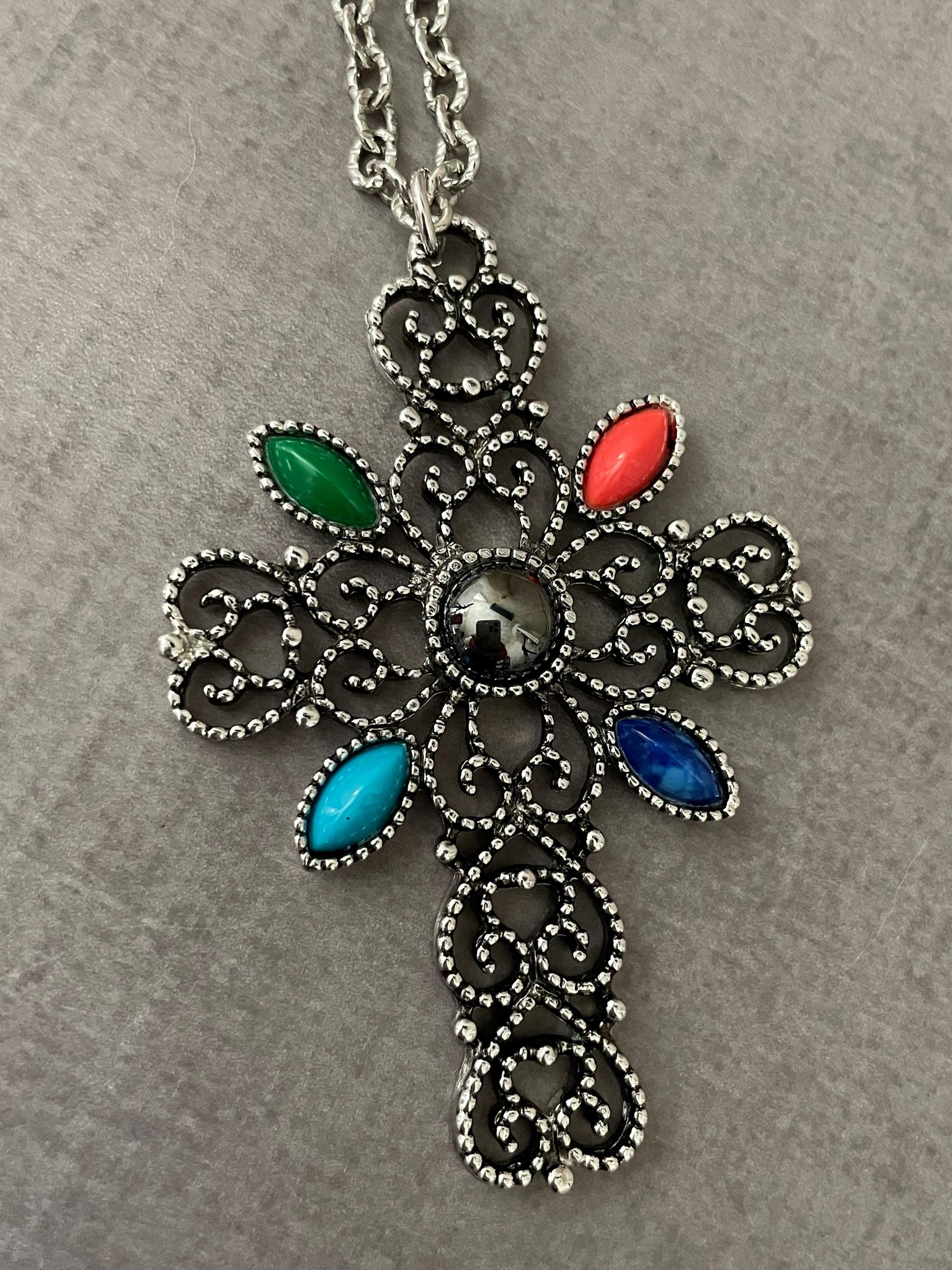 Vintage Avon Cross Necklace Silver Tone Filigree Pendant, Gothic