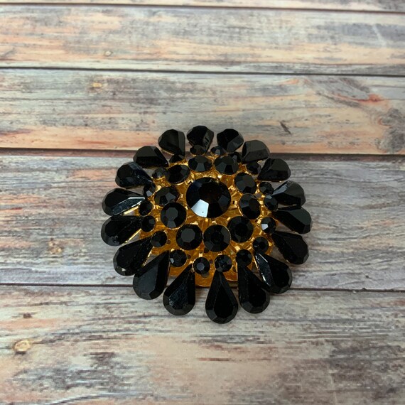 Domed gold tone filigree black rhinestone flower … - image 4