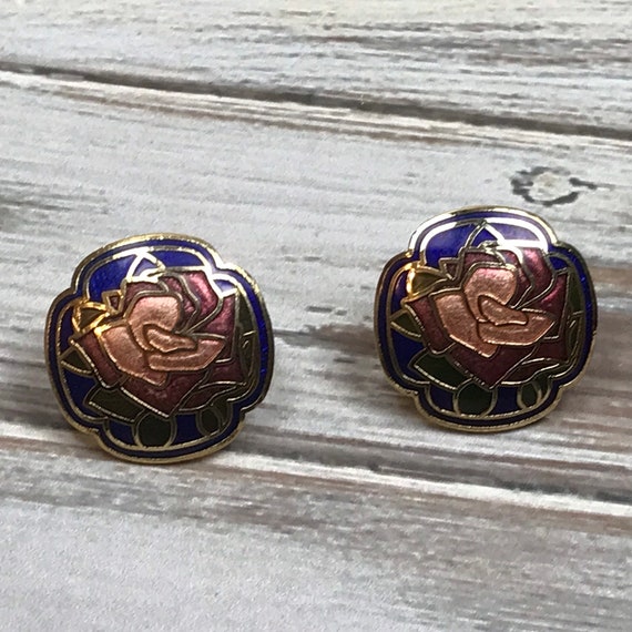 Blue cloisonné enamel goldtone rose post earrings - image 8