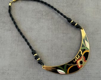 Vintage Boho Enamel Crescent Collar Necklace Black Cord Tribal Statement 80s 90s