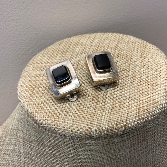 Black nephrite jade rectangular clip on earrings … - image 1