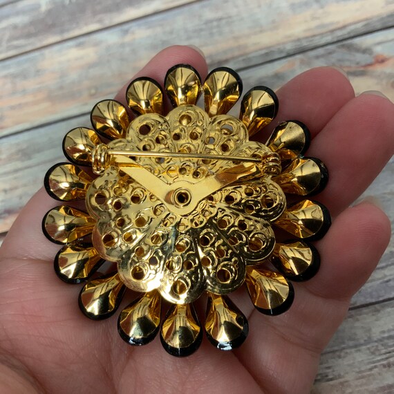 Domed gold tone filigree black rhinestone flower … - image 2