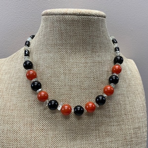 Vintage Black and orange glass beaded signed Teng Yue necklace