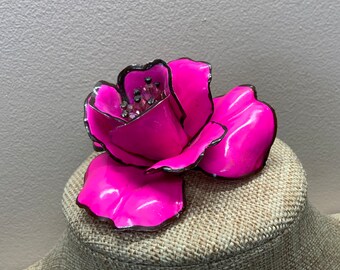 Large 60s oversized hot pink enamel beaded rose flower statement brooch