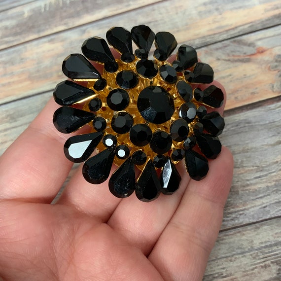 Domed gold tone filigree black rhinestone flower … - image 3