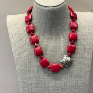Red dyed howlite and coral stone beaded necklace with hook clasp