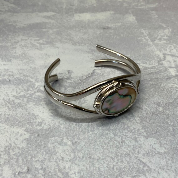 Abalone shell silver tone cuff bracelet - image 9
