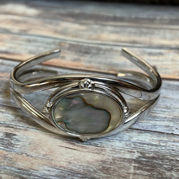 Abalone shell silver tone cuff bracelet - image 1