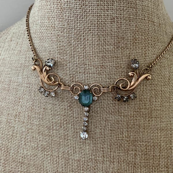 De Curtis 12K Gold Filled Rhinestone Necklace Blue Crystal Vintage Bridal Drop