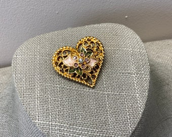 Vintage gold tone filigree heart brooch with enamel flower