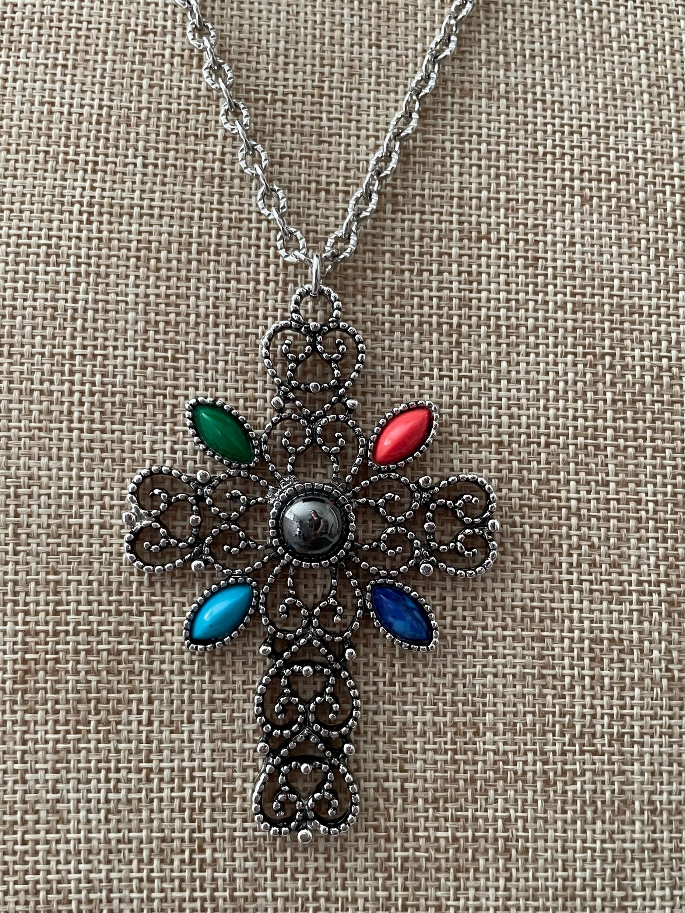 Vintage Avon Cross Necklace Silver Tone Filigree Pendant, Gothic