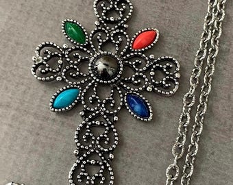 Vintage Avon Filigree Cross Necklace, Colorful Boho Statement Jewelry