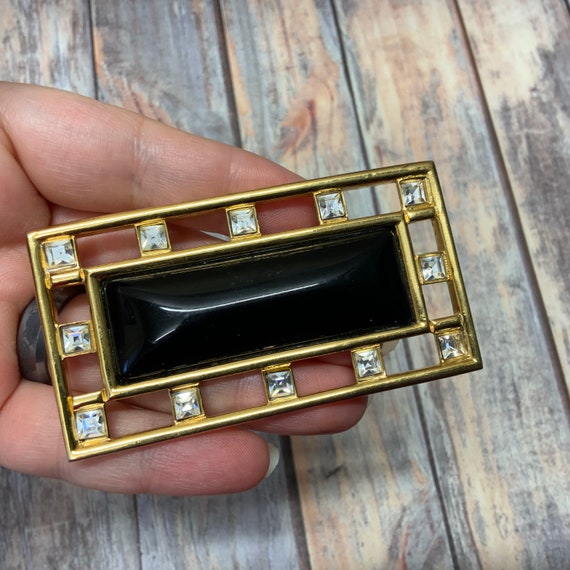 Monet black rhinestone rectangle brooch in gold t… - image 4