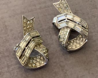Vintage Trifari Rhinestone Earrings Crown Trifari Baguette Pave Ribbon Clip On Earrings