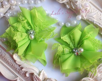 Set van 2 - bloemen kant chiffon kralen - kleine bloemen chiffon - bloemen gevouwen chiffon - bloemen limoengroene stof - parel bloemen chiffon