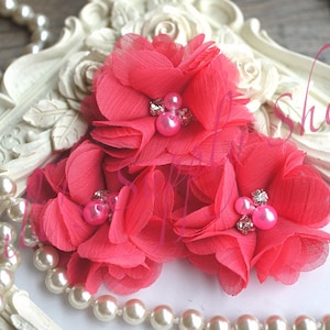 Set di 3 fiorellini in chiffon rosa anguria con perline - Fiori in perle e strass da 5 cm - Piccoli fiori in tessuto a strati - Accessori per cerchietti per capelli