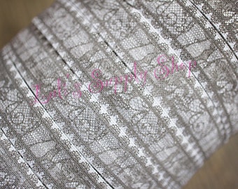 Gray & White Lace Print 5/8 Fold Over Elastic - FOE - Lace Print Foldover Elastic - Elastic by the yard - Shiny Elastic - DIY - Headband