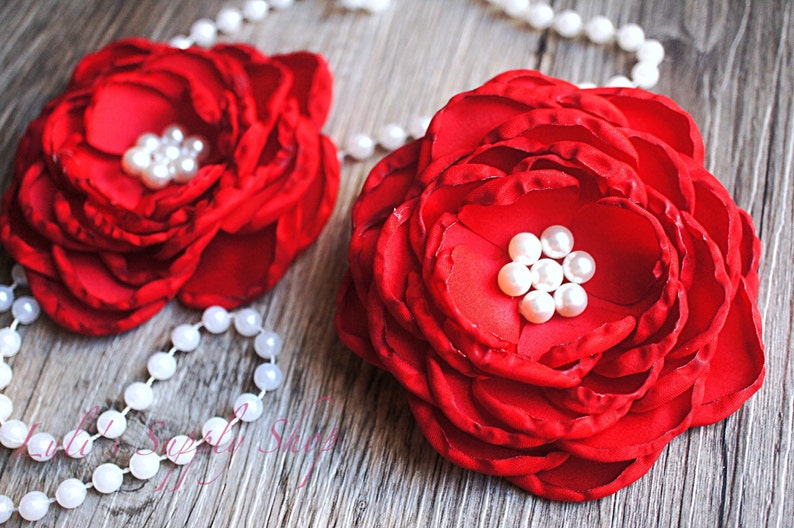 Wholesale Fabric Flowers Dark Red 4 Satin Flowers Set of 2 Soft Satin Layered Fabric Flowers Red Burned Edges Fabric Flowers