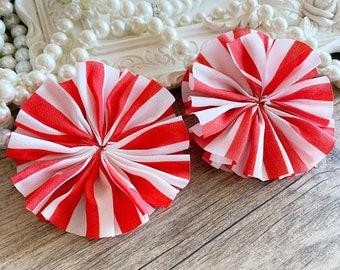 Set of 2 Red and White Double Ruffle Unfinished Ballerina Flowers - 2.5" Ballerina Flowers - Fabric flowers for Headbands - DIY Flowers