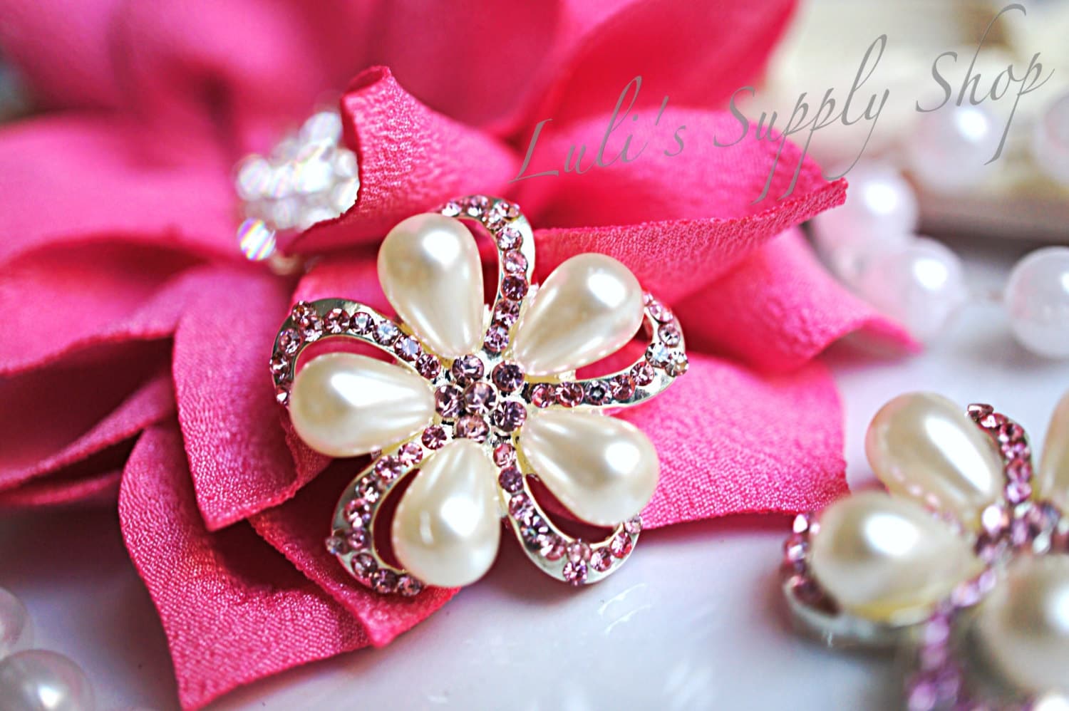 Teardrop Rhinestone Button - Pink Rhinestone Pearls Embellishments ...
