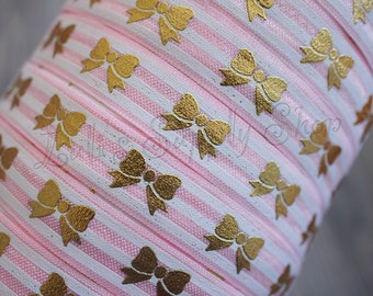 Pink & Gold Bow FOE - White Stripes 5/8 Fold Over Elastic - Princess Elastic - Bow printed FOE- Elastic by the yard - Wholesale FOE