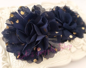 Navy & Gold dots Flowers - Chiffon Fabric Flower - 3.5" Chiffon Fabric Flowers - Chiffon Rose  - Wholesale Chiffon Flowers - Fabric Flowers