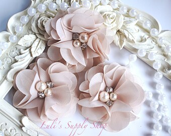 White 3.5" lace chiffon ruffle flower w/ rhinestone & pearl center White 3.5" lace chiffon ruffle flower w/ rhinestone & pearl center