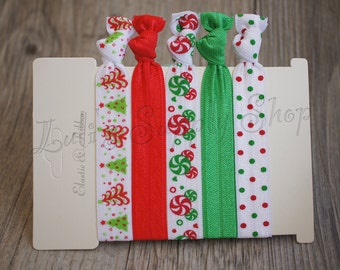 Set of 5 - Christmas Hair ties - Red, Green, White Christmas Elastic Hair ties - bulk hair ties - Christmas FOE - wholesale Hair ties