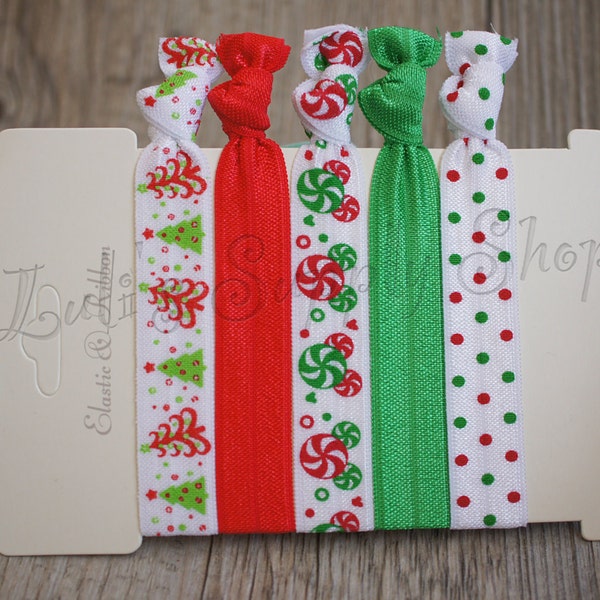 Set of 5 - Christmas Hair ties - Red, Green, White Christmas Elastic Hair ties - bulk hair ties - Christmas FOE - wholesale Hair ties