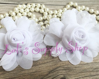 2pcs White 3" Chiffon FLowers - Soft Chiffon Layered Fabric Flowers- Embellished Flowers - Pearl Center Fabric Flowers - Hair accessories