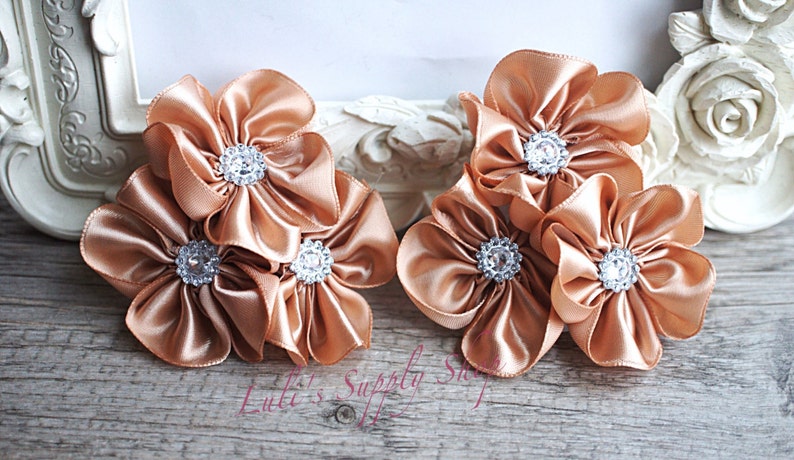 Wholesale Satin Flowers Tan Satin Flowers Set of 2 Embellished Satin Flowers 2.5 Bulk Satin Flowers Tan Cluster Satin Flowers