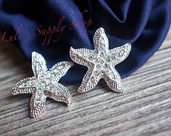 Set of 2 -  Silver Starfish Rhinestone Embellishment - Starfish Rhinestone Button - 22mm Metal Button - Hairbow Centers - Flower Centers