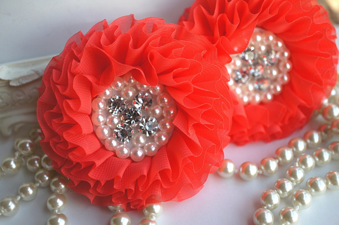 Set of 2 Dark Coral Beaded Fabric Flowers Coral Fabric Etsy