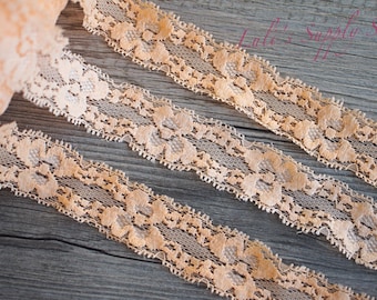 1" Elastic Lace - Peach Elastic Lace - Lace Ribbon - Elastic by the yard - Shiny Elastic - Stretch Lace - Stretch Peach Lace