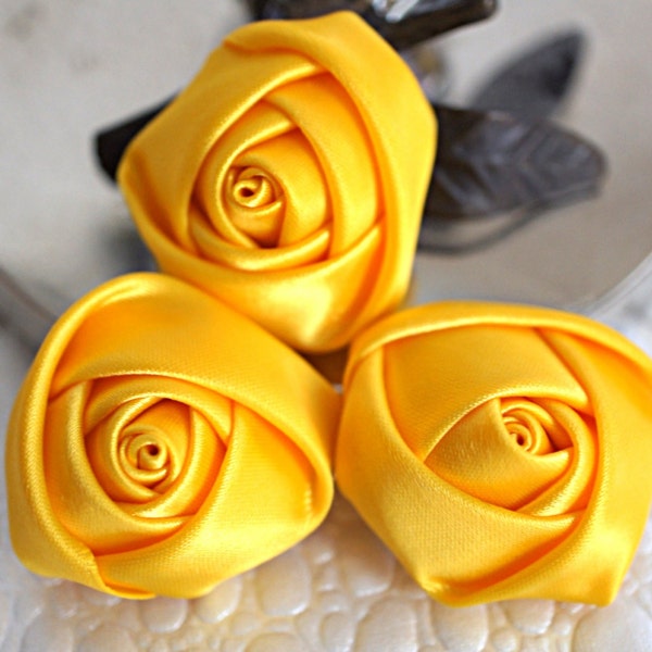 Set of 3 Rolled Rosettes 1.5" - Yellow - Satin Flower - Satin Rose - Small Rosettes - Satin rosettes - Rolled flowers - Wholesale - supply