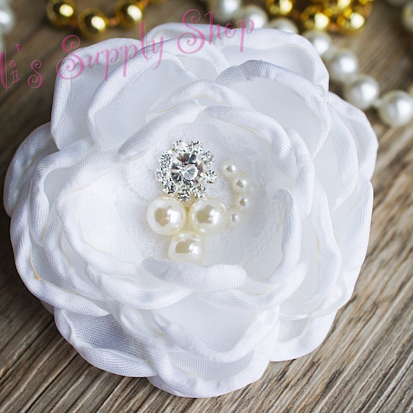 ONE - White  3" Embellished Satin Flowers - Soft Satin Layered Fabric Flowers - White Burned Edges Fabric Flowers - Hair accessories