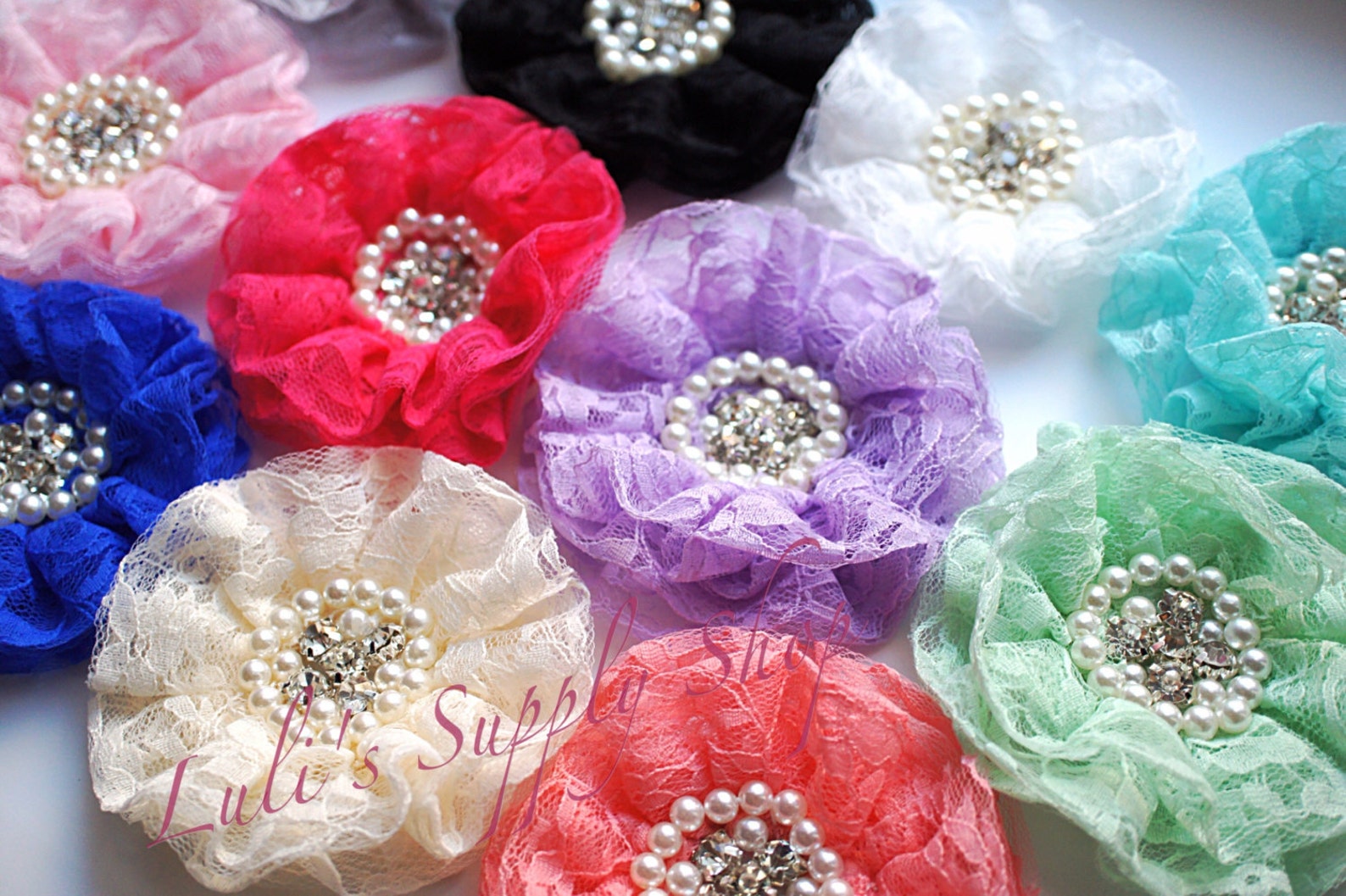 Set of 2 Mint Beaded Lace Flowers Mint Fabric Flower Etsy